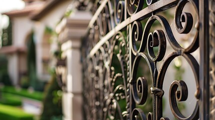 close-up of a custom metalwork fence with an elaborate scroll design, adding an artistic element to a luxury estate