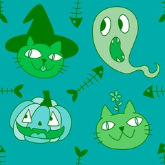 Halloween animals seamless cats and pumpkins pattern for wrapping paper