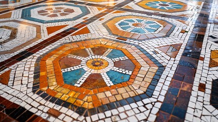 close-up of a mosaic tile floor in a public building, featuring a complex pattern of geometric shapes and vibrant colors that guide visitors through the space