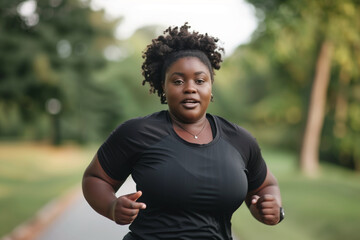 Young African American plump woman jogging through an summer city park. Weight loss running workout. A morning boost of energy on the way to your goal. Active and healthy lifestyle