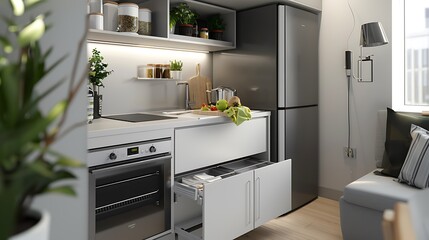compact, modern kitchenette with high-efficiency appliances, fold-away surfaces, and integrated storage solutions, perfect for a studio apartment