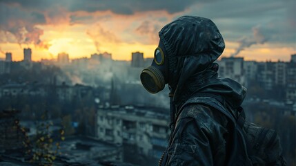 Fototapeta premium apocalyptic scenery with gas mask and protective suit, dystopian landscape and people wandering around
