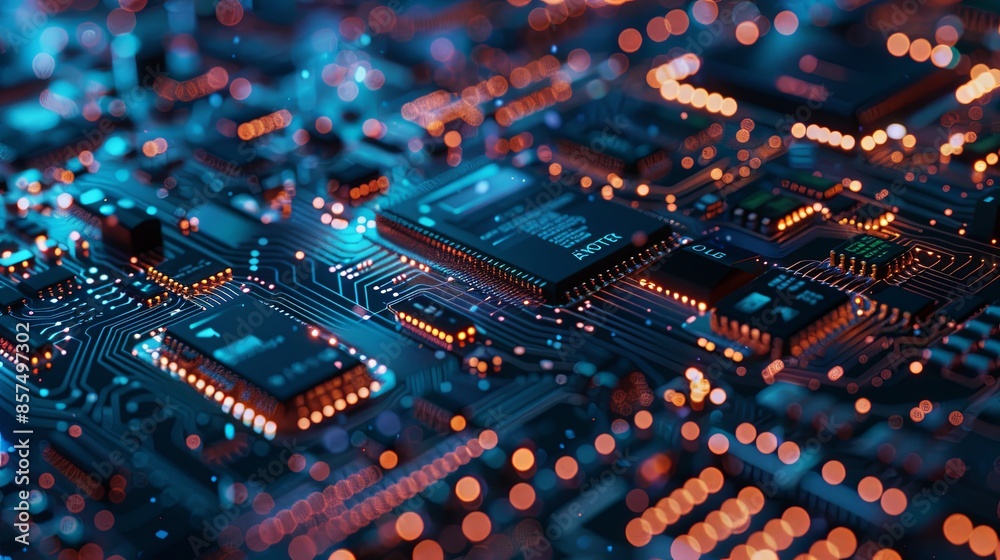 Aufkleber Closeup View of a Circuit Board With Microchips and Electronic Components