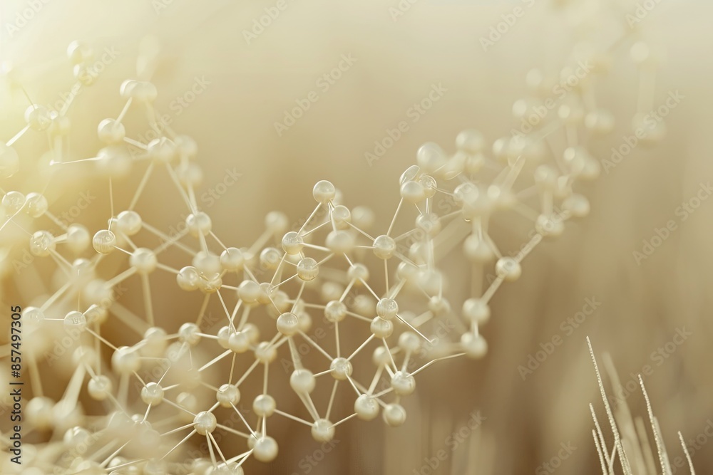 Poster Delicate Hexagonal Molecule Adorned With Dots Rests on Soft Wheat Background