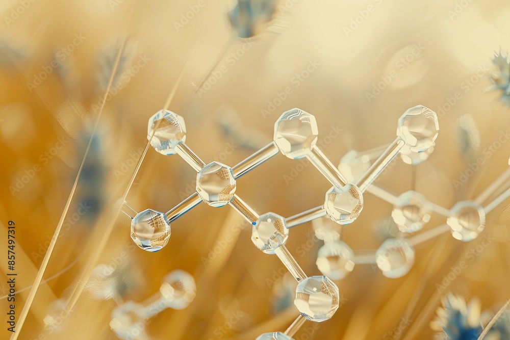 Poster crystallized hexagonal molecule on a wheat field background