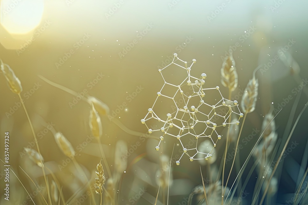 Poster Delicate Hexagonal Molecule Adorned With Dots Rests on Wheat Field Background