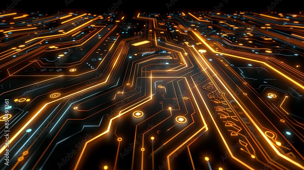 Poster glowing neon circuitry pattern on black background