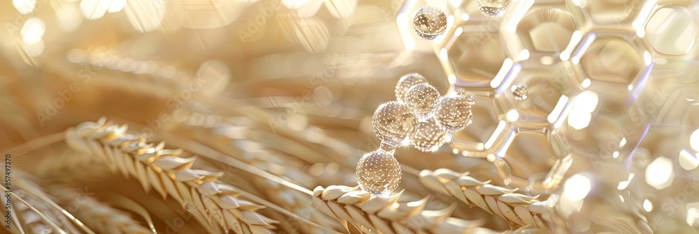 Poster hexagonal molecule with tiny dots gently lying background smooth wheat stalks, soothing composition