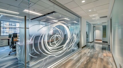 contemporary office space with a custom glass partition system, etched with abstract designs that offer both separation and a sense of openness