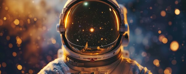 Astronaut helmet reflecting stars, close-up view. Space exploration and adventure concept