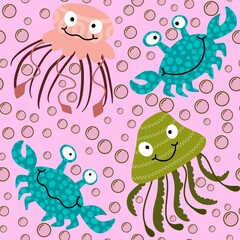 Summer animals print seamless cartoon crabs and jellyfish pattern for wrapping
