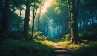 Obraz premium Sunlit forest path with lush green undergrowth