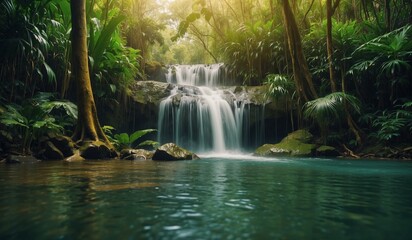 Serene waterfall in a lush tropical forest landscape