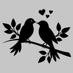 Romantic Bird Silhouette Lovebirds Perched on a Branch - Vector Art