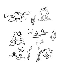 Line Drawing Black and White no background Frogs on the Lily Pond