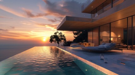 Fototapeta premium Modern Villa at Sunset, tranquil modern luxury home showcase exterior with infinity pool and sunset ocean view