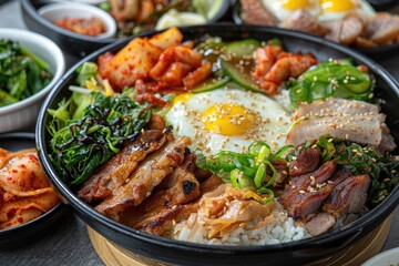 Fototapeta premium Korean combo set Bibimbap Tteok bokki Samgyeobsal with Kimchi.
