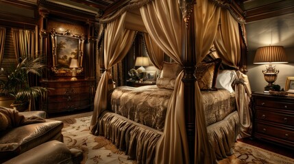 A lavish bedroom with a four-poster canopy bed draped in rich, golden fabric. The room is decorated with antique furniture and warm lighting, creating an atmosphere of elegance and comfort.