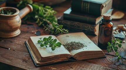 Mortar and pestle with pharmaceutical preparations' book and herbs on a wooden pharmacist table, traditional medicine and pharmacy concept