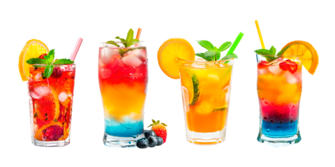 Refreshing cold beverage in glass cup with ice, isolated PNG set on transparent background. Spring or summer drink, cocktail, lemonade or juice