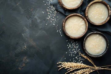 Traditional Korean rice wine  healthy alcoholic beverage on dark background.