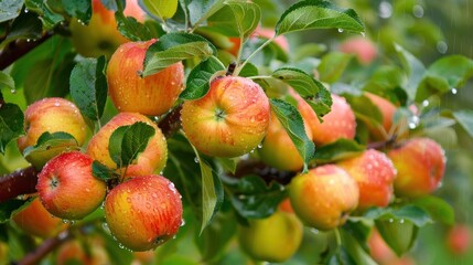 Obraz premium Shiny delicious apples hanging from a tree branch in an apple orchard