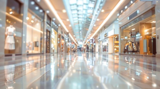 Luxurious modern shopping mall interior with blurred bright walkway for product display
