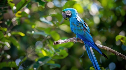 Obraz premium The blue parrot sits regally on its branch, a splash of color against the tapestry of green leaves