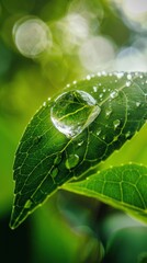 Dew drop on green leaf, macro shot. Nature detail and freshness concept