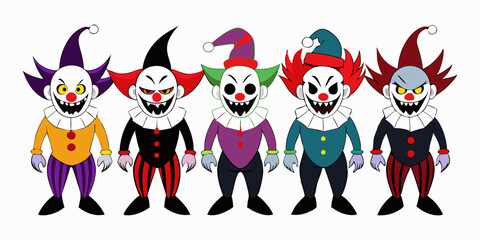 Group of cartoon evil clowns isolated on a white background. Concept of horror, villains, Halloween, creepy jesters. Print, digital art, illustration, design element.