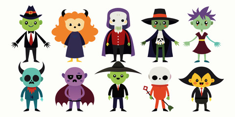 Obraz premium Cartoon characters dressed in Halloween costumes isolated on a white background. Concept of festive illustration, Halloween, spooky costumes, cute characters. Print, design element, digital art.