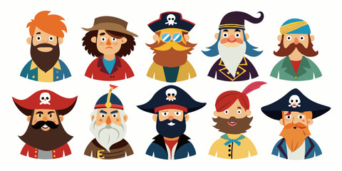 Colorful cartoon pirates isolated on a white background. Concept of pirate characters, seafaring adventurers, humorous style, fun kids' illustration. Print, design element, graphic art.