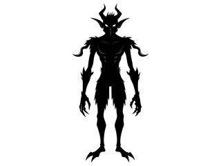 Fototapeta premium Black silhouette of devil character isolated on a white background. Concept of Halloween, fantasy creature, mythical demon, villainous imp, digital art. Print, illustration, design element