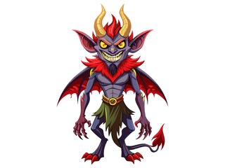Naklejka premium Cartoon devil character with glowing eyes isolated on a white background. Concept of Halloween, fantasy creature, mythical demon, villainous imp, digital art. Print, illustration, design element.