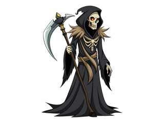 Fototapeta premium Grim Reaper isolated on a white background. Concept of death, spooky figure, minimalist style, Halloween. Print, digital art, illustration, design element
