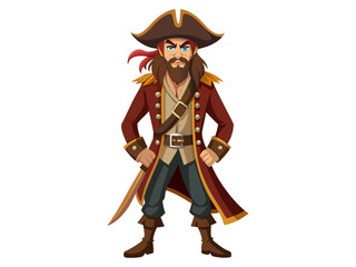 Naklejka premium Cartoon pirate standing isolated on a white background. Concept of pirate, Halloween, seafaring character, adventurous figure, kids illustration. Print, design element, graphic art.