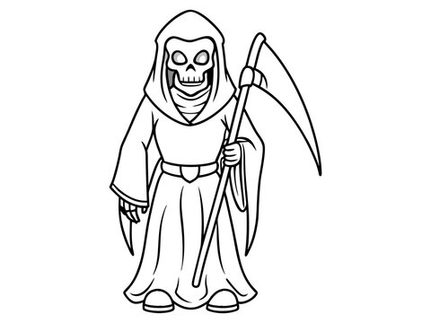 recommend clip art: Black outline of the Grim Reaper isolated on a white background. Concept of death, spooky figure, minimalist style, Halloween. Print, digital art, illustration, design element