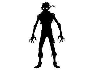 Fototapeta premium Black silhouette of scary cartoon zombie creature isolated on a white background. Concept of undead monsters, horror illustration, Halloween character, spooky design element. Print, art