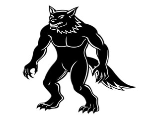 Obraz premium Black silhouette of a werewolf isolated on a white background. Concept of Halloween character, mythical creature, monster, horror, fantasy, nightmare. Print, design element, illustration