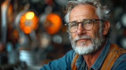 An elderly man with white hair and a beard, wearing glasses and denim, smiles warmly in a workshop setting, representing craftsmanship and contentment.