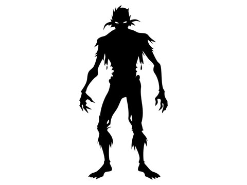 recommend clip art: Black silhouette of scary cartoon zombie creature isolated on a white background. Concept of undead monsters, horror illustration, Halloween character, spooky design element. Print, art