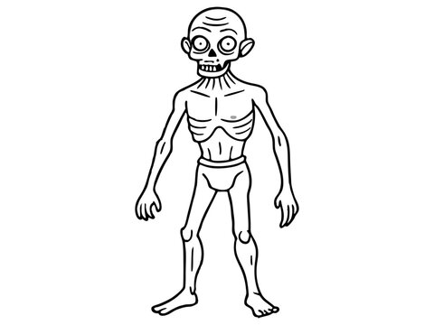 recommend clip art: Black outline of scary cartoon zombie creature isolated on a white background. Concept of undead monsters, horror illustration, Halloween character, spooky design element. Print, art, coloring page