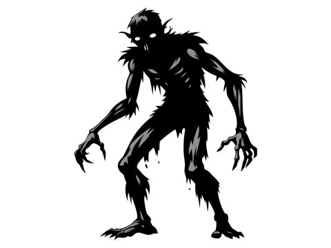 recommend clip art: Black silhouette of scary cartoon zombie creature isolated on a white background. Concept of undead monsters, horror illustration, Halloween character, spooky design element. Print, art