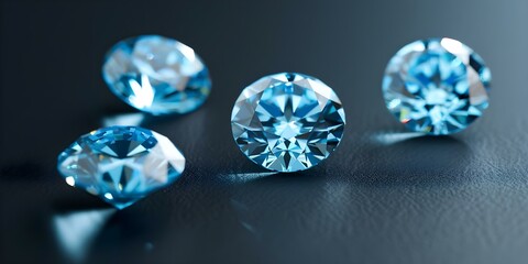 Closeup of four blue diamonds in various sizes against a black background. Concept Jewelry Photography, Diamonds, Close-up Shots, Black Background, Blue Gemstones