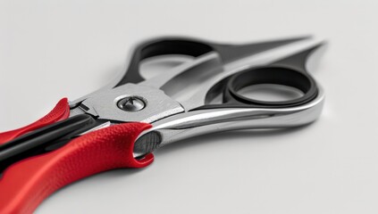 Obraz premium Professional Crafting Kit: Scissors with Red Handles and A Metal Gadget, All in a Shiny Leather Case
