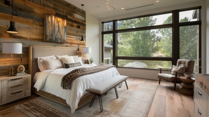 A modern bedroom with rustic accents features a king-size bed with a white duvet and a brown throw blanket. The room has a large window with a view of the mountains.