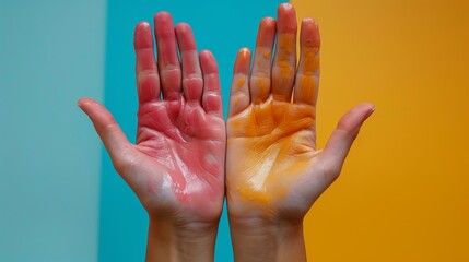 Two hands are shown with one hand painted in vivid red and the other in bright yellow, against a half-blue, half-orange background, signifying vibrancy and contrast.