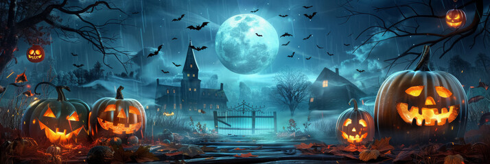 Glowing Jack O' Lanterns at night. Halloween Background