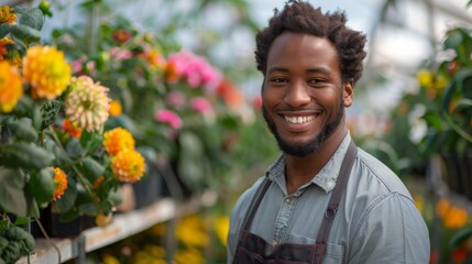 A cheerful man wearing an apron is happily working in a vibrant flower garden, with a variety of colorful blooms surrounding him, reflecting a lively and joyful atmosphere.