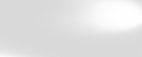 Grey halftone pattern. Retro comic gradient background. Silver pixelated dotted texture overlay. Cartoon pop art fading gradient wallpaper. Vector backdrop for poster, banner, advertisement, brochure